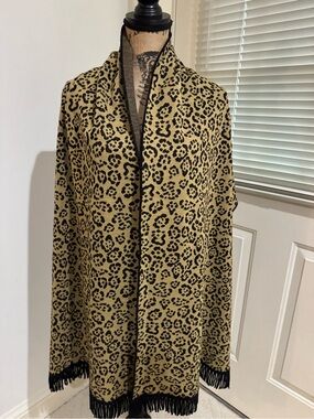 Nina Leonard Leopard Print Shawl with Fringe - Tan & Black 20”X82”